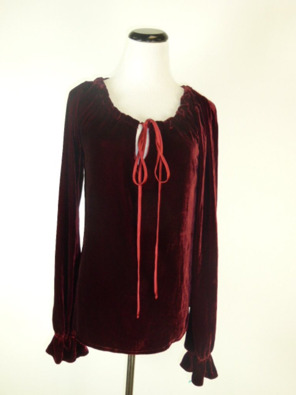 Pamela Barish tie burgundy red velvet top boho tie neck blouse 6 hoiday party